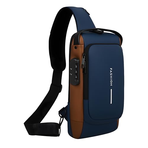 Unisex Anti-Theft Sling Bag with USB Port, Water-Resistant Crossbody Chest Backpack for Travel & Work - color: Blue & Golden