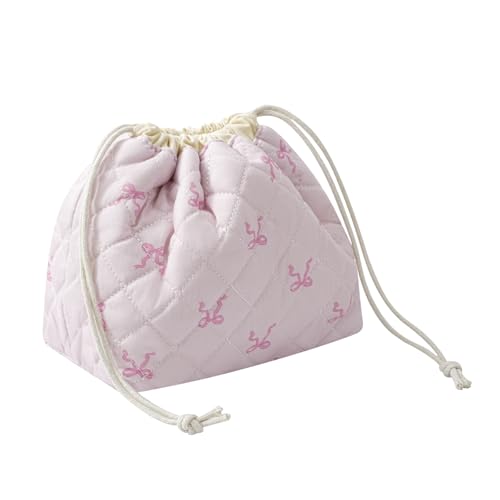 Cotton Quilted Drawstring Makeup Bag with Canvas Lining,Coquette Aesthetic Cute Travel Toiletry Bag,Drawstring Gift Bag for Women and Girls（13Small Pink Bow） - color: 13Small Pink Bow