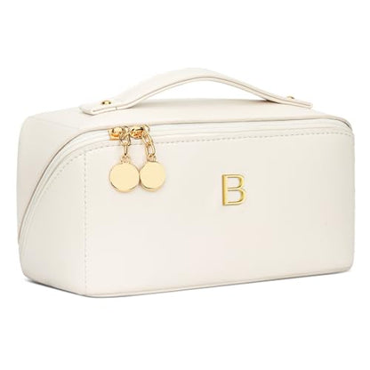 Initial Makeup Bag Gifts for Women Bridesmaid Gifts Travel Toiletry Personalized PU Leather Waterproof Cosmetic Bag (Medium-Beige-B) - color: MediumBeige, style: B