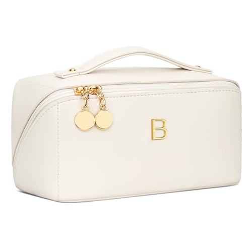 Initial Makeup Bag Gifts for Women Bridesmaid Gifts Travel Toiletry Personalized PU Leather Waterproof Cosmetic Bag (Medium-Beige-B) - color: MediumBeige, style: B