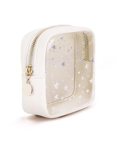 Wandering Nature Clear Makeup Bag for Purse, Mini Make up Bag with Glitter Star Pattern, Cute Cosmetic Pouch for Women with Slip-in Pockets, Travel Toiletry Essentials Vegan Leather Organizer Pouch - color: Beige Star