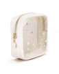 Wandering Nature Clear Makeup Bag for Purse, Mini Make up Bag with Glitter Star Pattern, Cute Cosmetic Pouch for Women with Slip-in Pockets, Travel Toiletry Essentials Vegan Leather Organizer Pouch - color: Beige Star