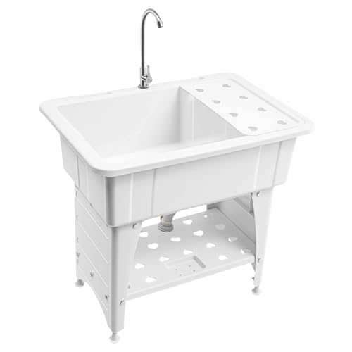 Freestanding Plastic Laundry Sink, Utility Sink Laundry Tub with Faucet, Indoor and Outdoor Utility Sink Hoses and Drain Kit, Slop Sink Wash Station for Garage/Basement/Garden - color: White, 32.3 x 22.4 x 29.9in