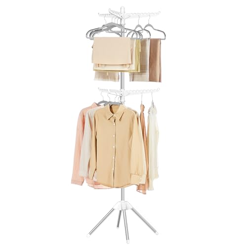 SONGMICS 2-Tier Clothes Drying Rack, 75.2-Inch Folding Laundry Drying Rack with 6 Rotatable Arms for Hangers, Stainless Steel, for 54 Pieces of Clothes, White and Silver ULLR514W01 - color: White + Silver, style: 2-Tier-Hang