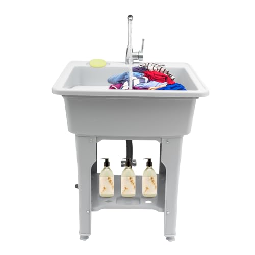 Laundry Sink, Freestanding Plastic Laundry Sink With Washboard Utility Sink Laundry Tub Indoor and Outdoor Utility Sink with Faucet Hoses Drain Kit for Laundry Room Washing Room Garden Garage - color: 25.6*21.65*31.5in -Gray