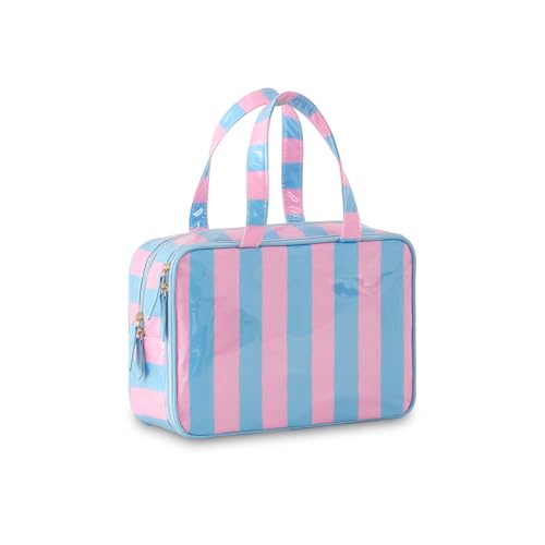 Travel Toiletry Bag for Women, Waterproof Clear Coated Portable Stripe Makeup Cosmetic Bag with Compartment, Travel Organizer for Shampoo, Conditioner, Brushes Set,Cosmetic Accessories(Pink-Blue) - color: Pink-Blue