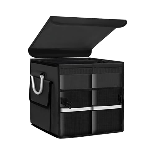 Trunk Organizer with Lid, 28L Collapsible 2-Compartment Car Storage Box with Reinforced Handles, Multipurpose Waterproof Oxford Storage Organizer for SUVs Sedans Trucks (Black) - color: Black
