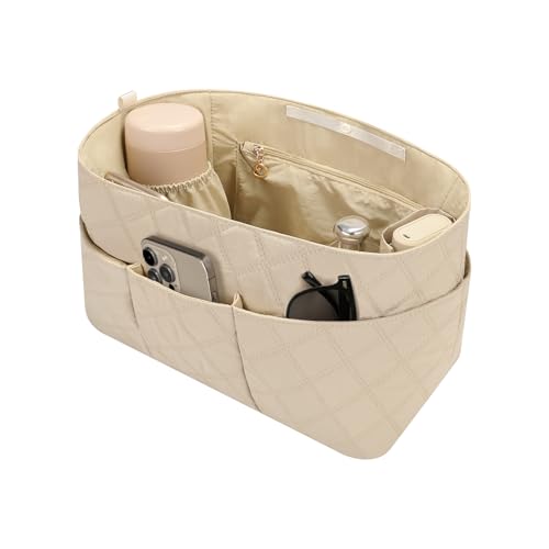 GIVLEFLY Purse Organizer Insert with Water Bottle Holder, Waterproof Nylon Handbag Insert Organizer with Multiple Pockets & Interior Zipper Pocket, Quilted Structured Divider, Top Snap Closure - size: Medium