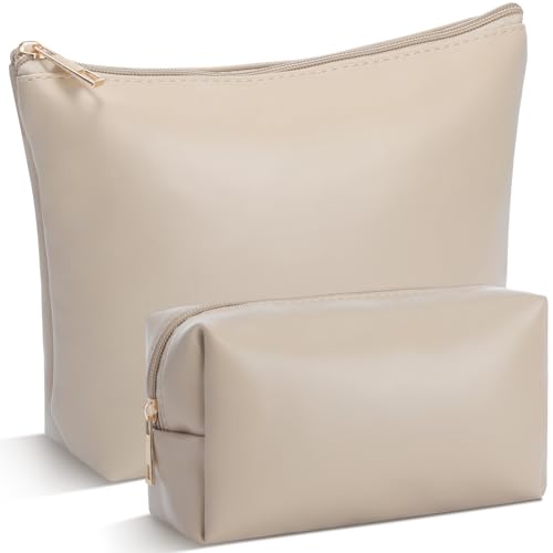 Kigeli 2 Pcs PU Leather Makeup Bag Set for Women Waterproof Aesthetic Cosmetic Bag Large & Small Travel Toiletry Organizer Pouch Skincare Organizer Bridesmaid Mother's Day Birthday Gift(Nude) - color: Nude