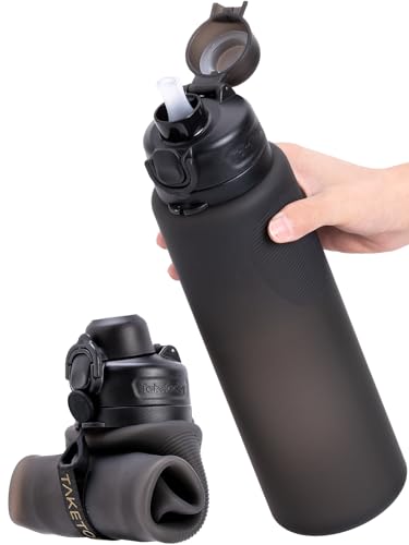 TakeToday Collapsible Water Bottles 32oz, Foldable Travel Bottle, TSA-Approved Leakproof Newly Silicone Water Bottle for Hiking, Travel, Outdoors, Black - color: Black