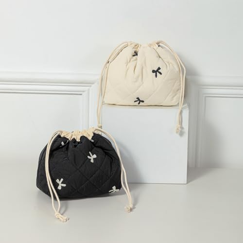Cotton Quilted Drawstring Makeup Bag with Canvas Lining,Coquette Aesthetic Cute Travel Toiletry Bag,Drawstring Gift Bag for Women and Girls（05Beige Bows） - color: 05Beige Bows