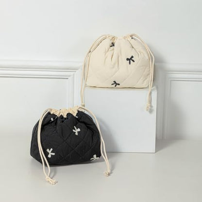 Cotton Quilted Drawstring Makeup Bag with Canvas Lining,Coquette Aesthetic Cute Travel Toiletry Bag,Drawstring Gift Bag for Women and Girls（05Beige Bows） - color: 05Beige Bows