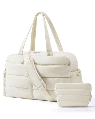 BAGSMART Gym Bag for Women, Lightweight Puffer Duffle Bag 2-PC Travel Bag, 31L Weekender Overnight Bag Quilted Carry On Tote Bag, Diaper Hospital Dance Bag for Travel, Gym, Water Resistant, Beige - color: Beige