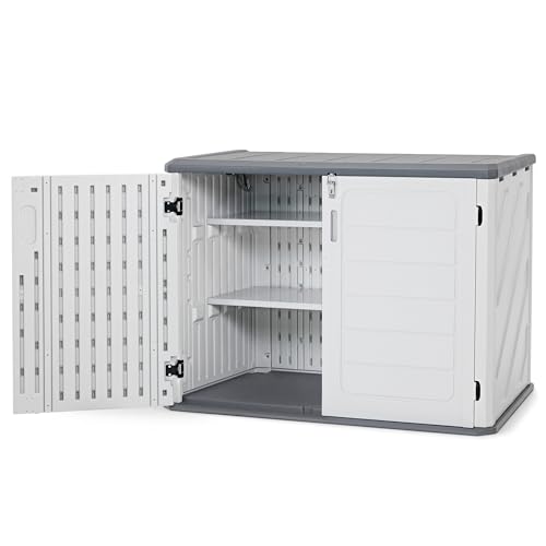 Macrout 25 Cu.Ft Small Plastic Outdoor Storage Cabinet with Shelves, 4.3 x 2.5 ft Waterproof Resin Outdoor Storage Shed with Floor, Lockable Horizontal Shed for Garden and Patio - size: Small