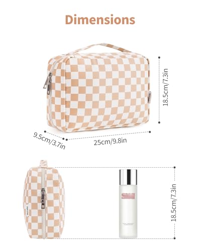 Narwey Small Hanging Travel Toiletry Bag for Women, Travel Bag for Toiletries, Makeup Bag Organizer Cosmetic Bags Make Up Bags for Girls - color: ZA-Brown Checkerboard