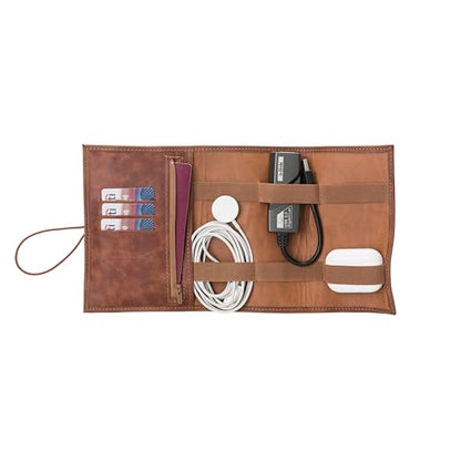 HARDISTON Custom Leather Tech Organizer Roll – Personalized Cord Pouch for Travel Tech Accessories, USB Cables, Charger, Passport, SD Cards – Handmade Gift for All