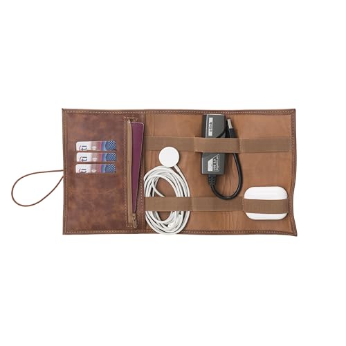 HARDISTON Custom Leather Tech Organizer Roll – Personalized Cord Pouch for Travel Tech Accessories, USB Cables, Charger, Passport, SD Cards – Handmade Gift for All
