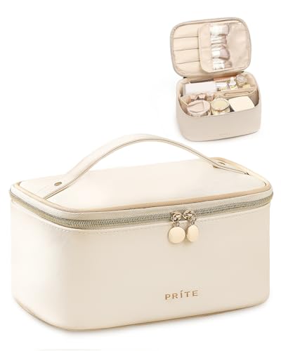 Prite Makeup Bag, Large Capacity Cosmetic Bag for Women and Girls, Waterproof PU Leather Travel Makeup Case, Toiletry Organizer with Handle and Divider for Skincare and Brushes - Beige - color: Beige