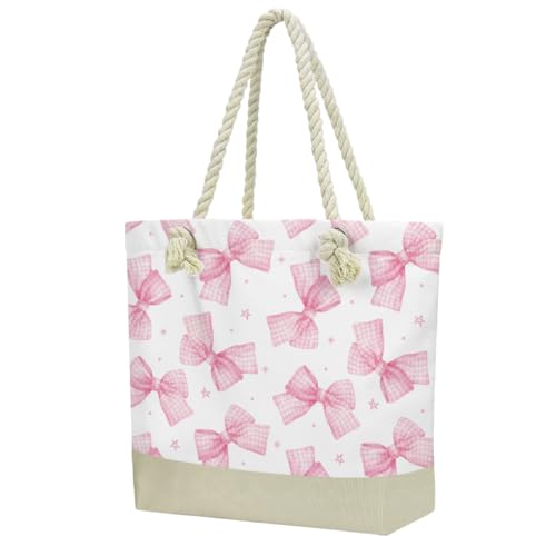 Fokongna Tote Bag For Women, Beach Bag Best Friend Travel Birthday Gifts, Travel Parties Vacation Shopping Essentials - color: Gingham Pink Bows