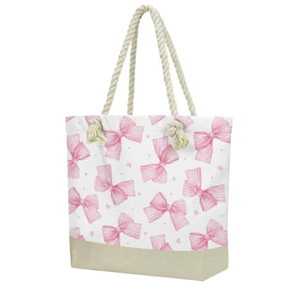 Fokongna Tote Bag For Women, Beach Bag Best Friend Travel Birthday Gifts, Travel Parties Vacation Shopping Essentials - color: Gingham Pink Bows