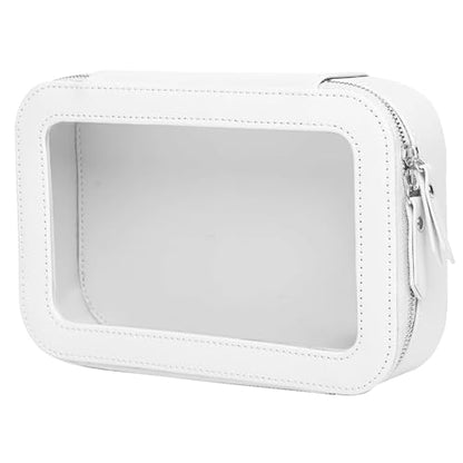 Clear and Waterproof Makeup Bag Portable Travel Cosmetic Case Organizer for Women Toiletry Pouch with Transparent Vinyl Windows & Zippers (White) - color: White