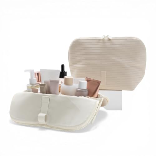 THE VERTI-Vertical Waterproof Makeup & Toiletry Bag | 23-Pocket Organizer with Upright, Fold-Down Design for Skincare, Toiletries & Essentials (Shell) - color: Shell, size: Large