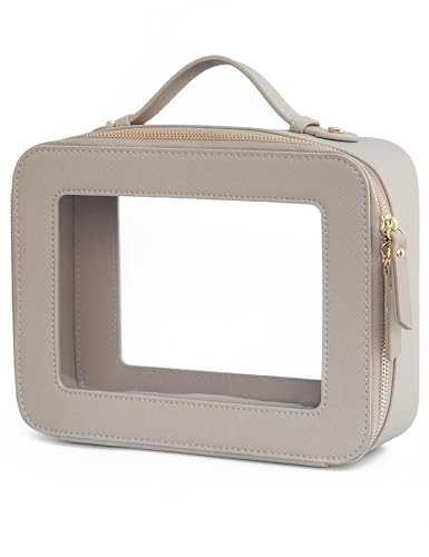 Popvibe Clear Makeup Bag Travel Cosmetic Case Transparent Toiletry Bag with Zipper, Portable Make Up Organizer Traveling Compact Car Bag for Essentials - color: Stone, style: Large Luxe
