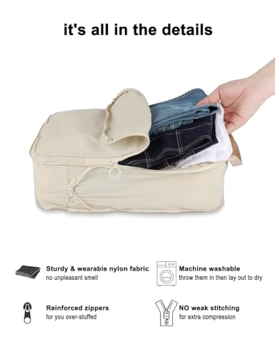 4 Set Compression Packing Cubes, Expandable Travel Organizer Bags, Water-Repellent Nylon, Space-Saving Luggage Set for Suitcase, Carry-on, Home Storage (4, Beige, Compression) - color: Beige