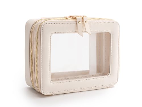 Aveniee Large Clear Makeup Bags, Double Layer Cosmetic Bags with Separate Brush Compartment, Travel Toiletry Bag Cosmetic Train Case, Travel Accessories Organizer for Women(2 Layers, White) - color: Off-White, style: Dual Layer