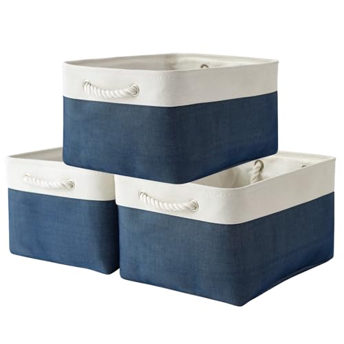 Organization and Storage Basket for Shelves - 16x12x8 inch Large 3 Pack Canvas Storage Bin Collapsible Baskets for Organizing, Fabric Storage Cubes for Cloth Laundry (White&Deep Blue) - color: White&Blue, size: Large (Pack of 3)