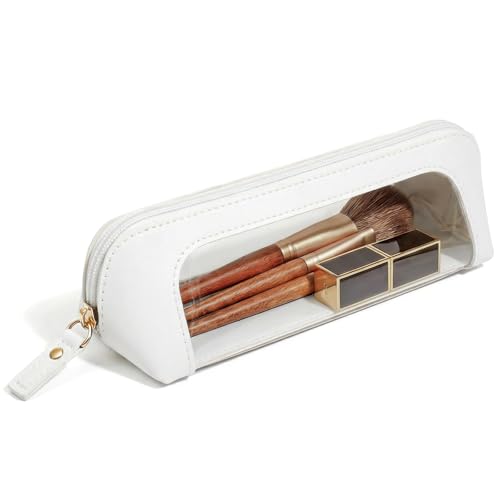 LETGO Clear Makeup Brush Bag Pouch, Waterproof PU Leather Portable Makeup Bag Holder with Transparent Window, Travel Lipstick Case Pouch Car Organizer and Storage (Slim, Beige) - color: Beige, style: Slim