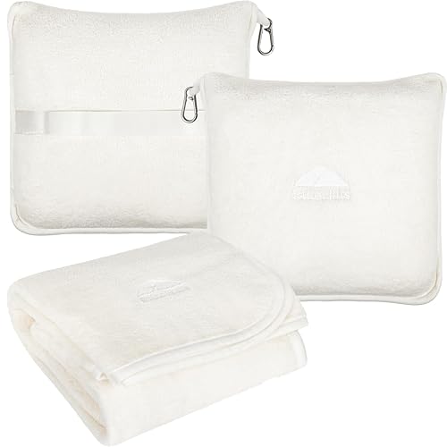 BlueHills Premium Soft Plush Travel Blanket Pillow for Airplane Traveling Essentials in a Bag Flight Throw with Backpack Clip Compact Portable Plane Accessories Ivory White - T025 - color: Ivory-1pk-t025