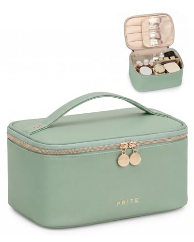 Prite Makeup Bag, Large Capacity Cosmetic Bag for Women and Girls, Waterproof PU Leather Travel Makeup Case, Toiletry Organizer with Handle and Divider for Skincare and Brushes - Green - color: Green