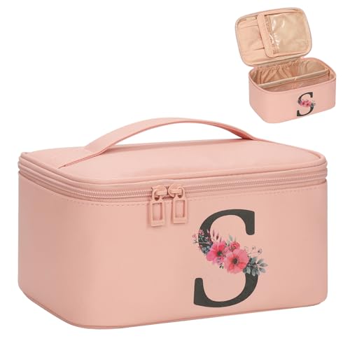 OCHEAL Initial Makeup Bag,Monogram Make up Bag Pink Travel Makeup Organizer Case Beauty Toiletry Cosmetic Bag with Brush Holder, Trendy Stuff Personalized Gifts for Women and Girls-S - color: Pink, style: S