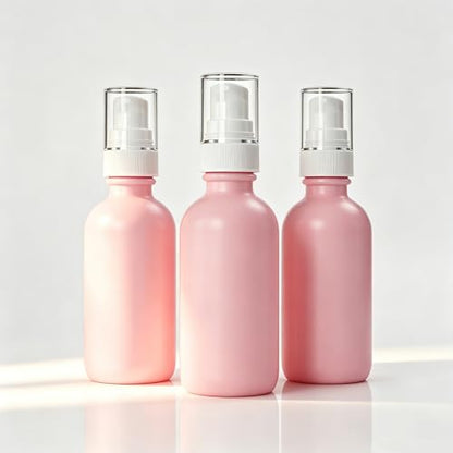 12Pack 60ml Pink Glass Pump Bottle with White Top,2oz Small Dispenser, Travel Size Refillable Botttles for Lotions,Sercums,Essential Oils (2oz Pink) - color: 2oz Pink