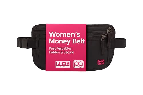 Peak Gear Women’s Money Belt - Hidden Travel Waist Pouch for Women | RFID Blocking, Slim Under-Clothes Passport Holder with PeakCharm Jewelry Pocket + 2 ReturnMe™ Recovery Tags - color: Black + Pink