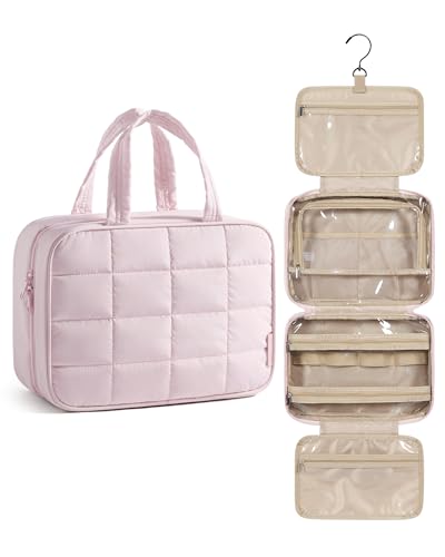 BAGSMART Travel Toiletry Bag for Womne, Hanging Travel Bag for Toiletries, Puffy Makeup Cosmetic Bag Organizer, Carry-on Travel Accessories Essentials, Pink - color: Pink-3, style: Style1-medium Size Only