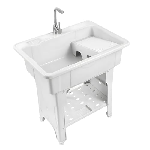 Freestanding Plastic Laundry Sink with Washboard for Hand Washing Clothes, Washing Room Laundry Tub Sink w/Faucet and Drain Kit for Basement Garage Laundry Room (White, 22.05"D x 31.5"W x 31.5"H) - color: White, size: 22.05"D x 31.5"W x 31.5"H