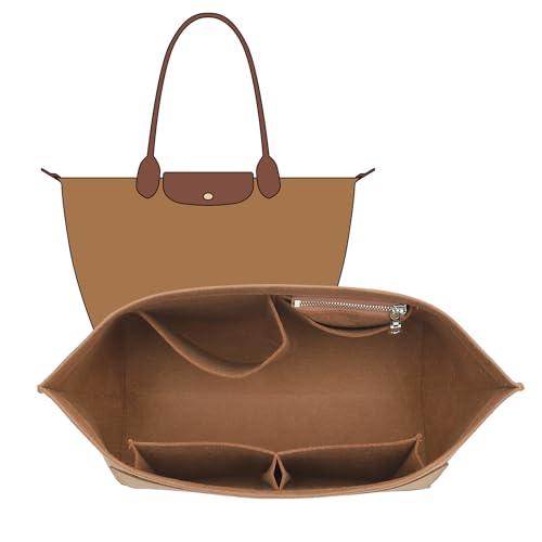 Felt Purse Organizer Insert Compatible with Longchamp Le Plaige M Tote Bag, Zipper Long Champ Medium Organizer with Cup Holder for Tote Handbags, 8 Compartments (Gold Brown,M) - color: Gold Brown, size: M Tote Bag (Long Handle)
