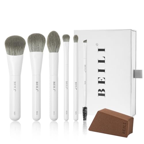 BEILI Mini 6Pcs Makeup Brush Set – Classic White, Professional Makeup Brushes for Foundation, Contour, Highlighter & Blending, Travel-Ready with Sponge - color: White