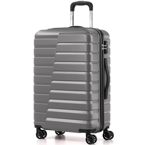 Coolife Medium Checked Luggage with Spinner Wheels, Hardside Suitcase TSA Lock Lightweight Travel Luggage 24-inch,Gray - color: gray, size: Medium(24in)