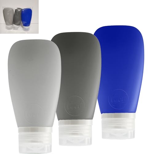 Leak Proof Silicone (Soft) Refillable Bottles 3oz-90 ml Travel Squeeze Bottles for Toiletries, TSA Size Containers for Lotions, Shampoos, Soaps, Sanitizer (3-Pack) Men or Women - color: Black-Gray-Blue