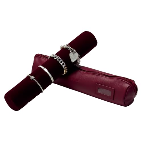 UnionPlus Velvet Jewelry Roll Bag for Brackets Bangles Watches, Great Jewelry Organizer for Travel, Burgundy Leatherette - color: Burgundy Leatherette, size: Large