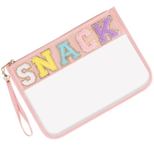 Iqimott Snack Bag Monogram Clear Letter Flat Pouch, Chenille Glitter Letter Patch Makeup Cosmetic Bag Zipper Toiletry Pouch, Portable Travel Beach Wristlet Bags for Women Girls(Snack, Pink) - color: Snack-Pink