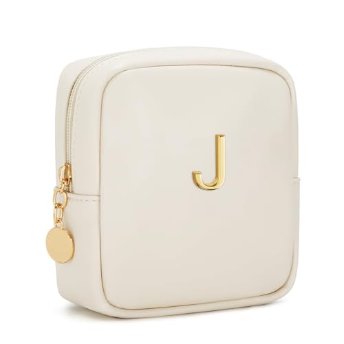 Personalized Birthday Gifts for Women - Initial Makeup Bag Set Travel Toiletry Bag Cosmetic Bags Soft Waterproof PU Leather Makeup Pouch Travel Essentials (J, 1pc Beige) - size: 1pc Beige, style: J