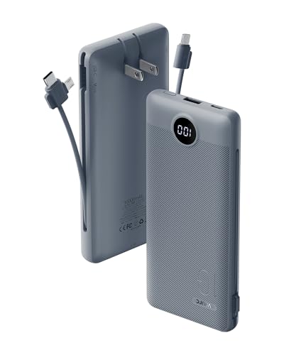 VRURC Portable Charger Built-in Cables and AC Wall Plug, USB C Power Bank 10000mAh, Travel Battery Portable Phone Charger Compact Lightweight External Battery Pack for Smart Phones, Tablets etc-Grey - color: Grey