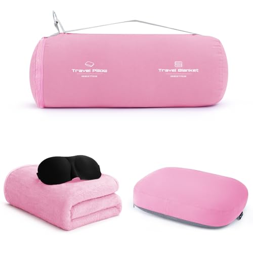 urnexttour 4-in-1 Travel Pillow & Blanket Set with Eye Mask, Memory Foam Neck Support, 50x65 Inch Blanket, Storage Bag for Airplane, Car, Train, Home Travel Pink - color: Pink