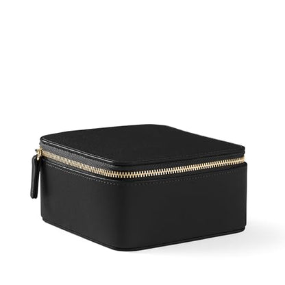 Leatherology Black Onyx Medium Jewelry Organizer – Full-Grain Leather Travel Case with Structured Design, Ring & Earring Storage, Zippered Suede Pouches - color: Black Onyx