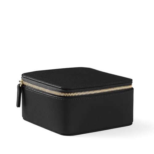Leatherology Black Onyx Medium Jewelry Organizer – Full-Grain Leather Travel Case with Structured Design, Ring & Earring Storage, Zippered Suede Pouches - color: Black Onyx