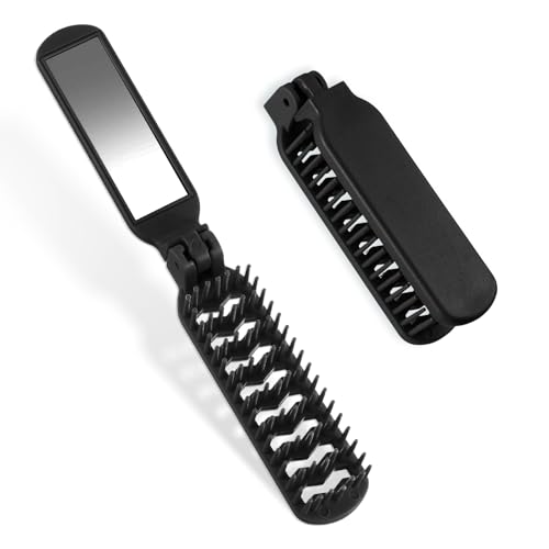 Mini Hair Brush, Travel Folding Hair Brush with Mirror Portable Small Vented Hair Brush Black Pocket Comb for Thick Curly Hair Blow Drying, Smoothing, Detangling, Mini Hairbrush for Women and Men - color: Black